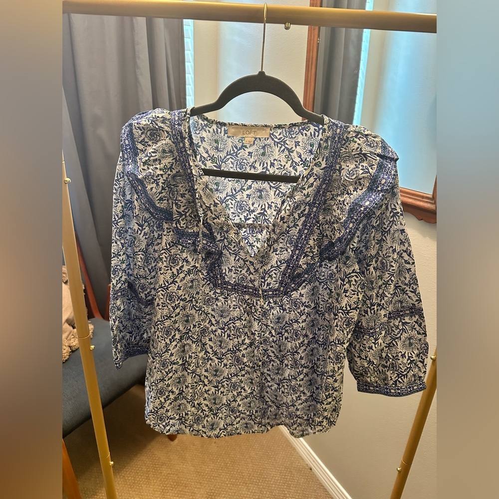 LOFT Blue Floral Blouse Size M